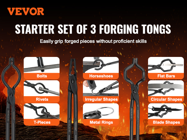 VEVOR blacksmith tongs: starter set of 3 forging tongs for bolts, horseshoes, flat bars, and more.