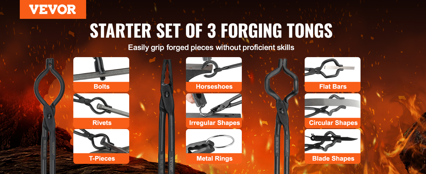 VEVOR blacksmith tongs: starter set of 3 forging tongs for bolts, horseshoes, flat bars, and more.