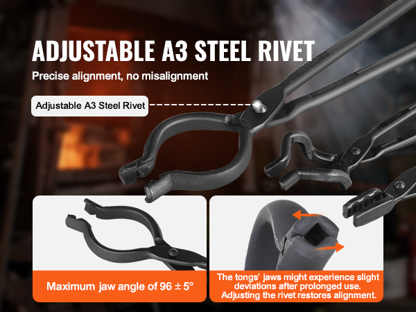 VEVOR blacksmith tongs with adjustable a3 steel rivet for precise alignment and 96° maximum jaw angle.