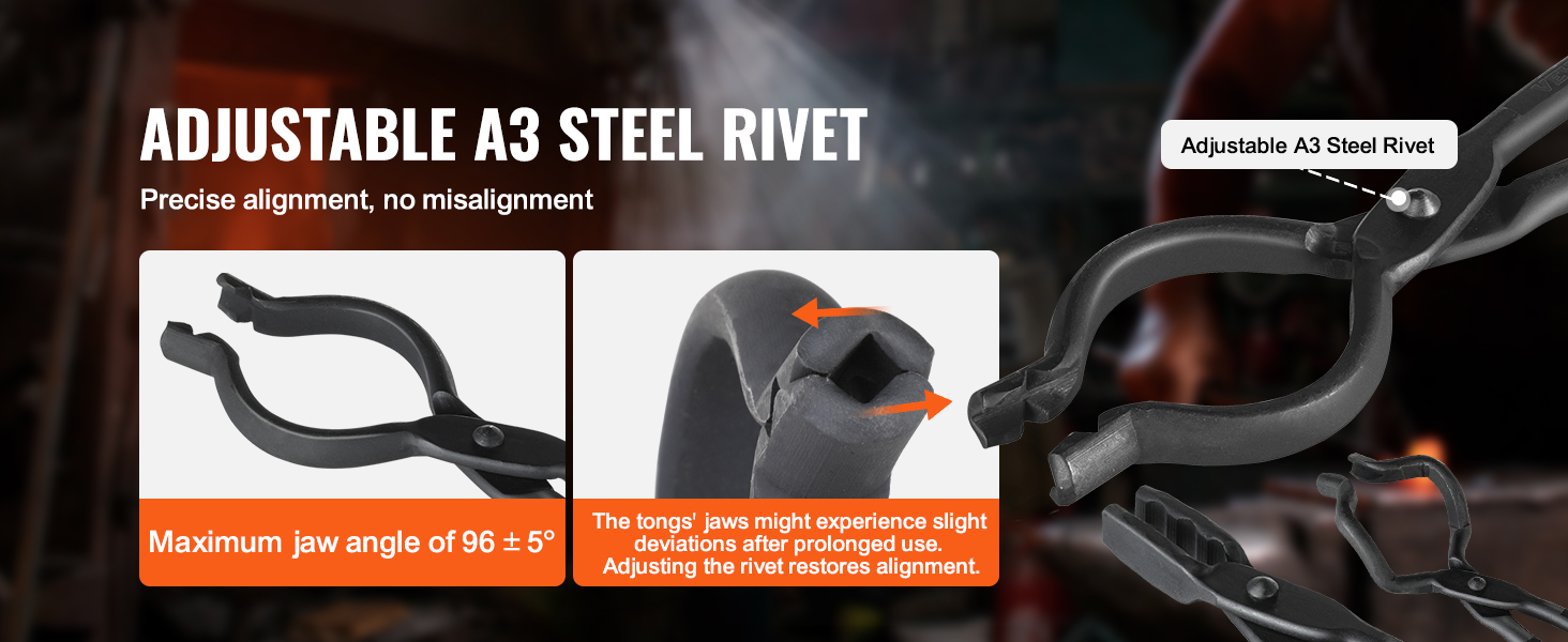 VEVOR blacksmith tongs with adjustable a3 steel rivet for precise alignment and 96° maximum jaw angle.