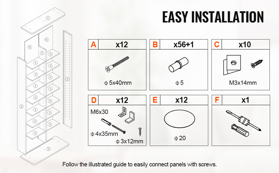 easy installation guide for VEVOR media storage cabinet with labeled screws and connectors.