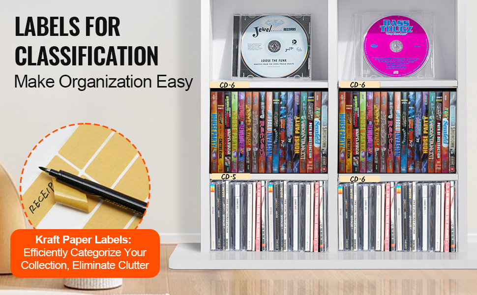 VEVOR media storage cabinet with label options for cd organization and kraft paper labels for easy categorization.