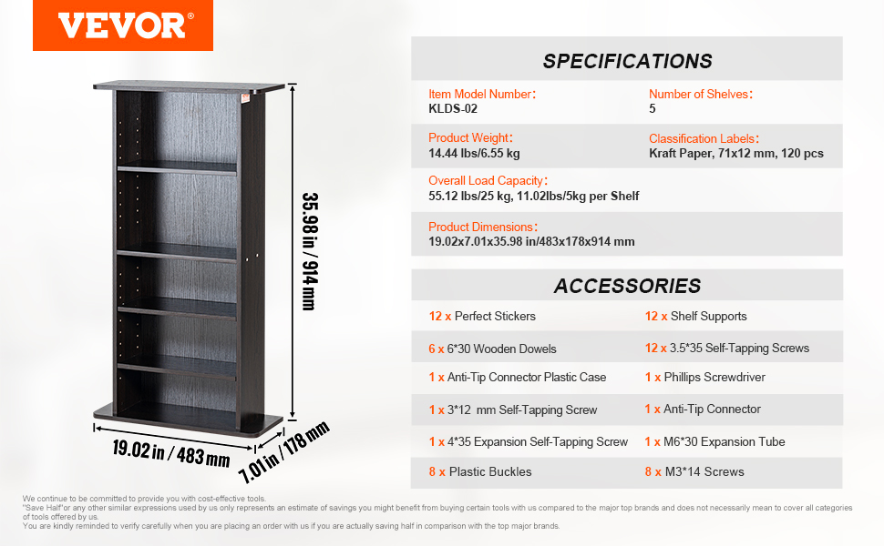 VEVOR media storage cabinet, 5 shelves, black finish, dimensions 35.98 in (h) x 19.02 in (w) x 7.01 in (d).