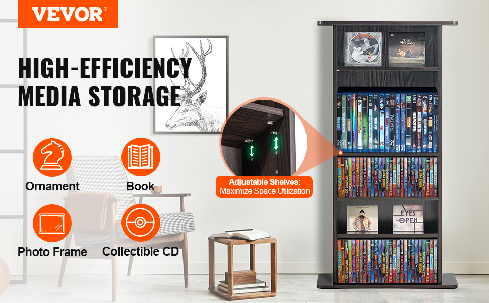 VEVOR media storage cabinet with adjustable shelves, stocked with books, cds, and ornaments in a modern room.