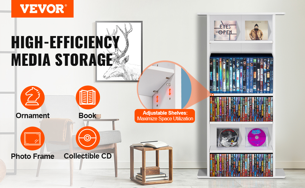VEVOR media storage cabinet with adjustable shelves, perfect for books, cds, photo frames, and ornaments.