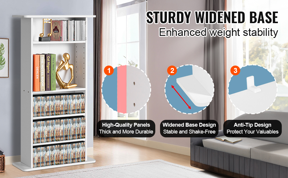 VEVOR media storage cabinet with sturdy widened base for stability, high-quality panels, and anti-tip design.