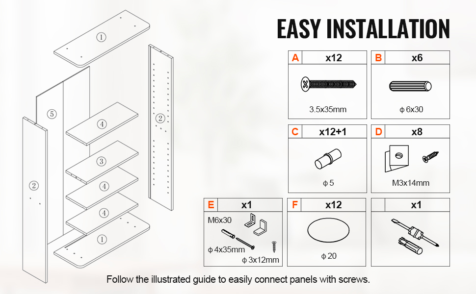 VEVOR media storage cabinet assembly guide with labeled screws and components for easy installation.