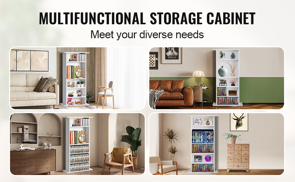 VEVOR media storage cabinet in various home settings showing its multifunctional design and capacity.