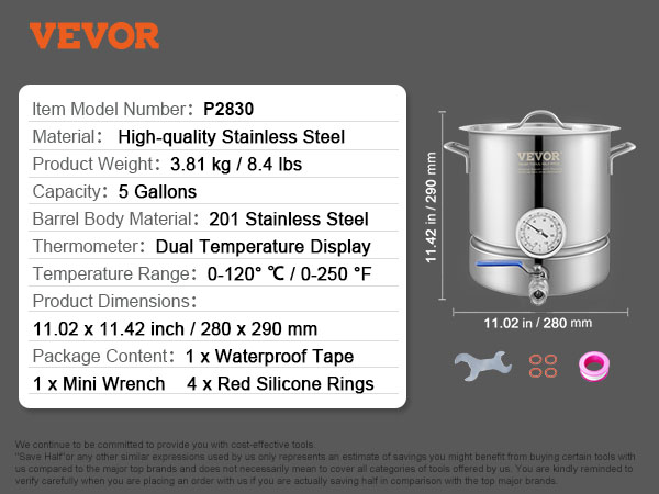 VEVOR brewing kettle, stainless steel, 5-gallon, dual temperature display, package contents listed.