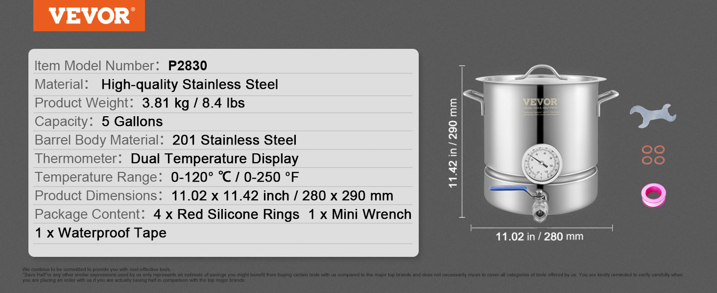 VEVOR brewing kettle, stainless steel, 5-gallon, dual temperature display, package contents listed.