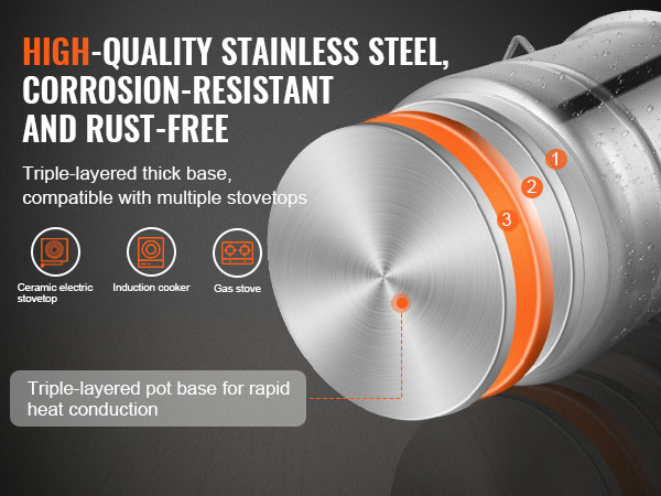 high-quality stainless steel VEVOR brewing kettle with triple-layered base, compatible with multiple stovetops.