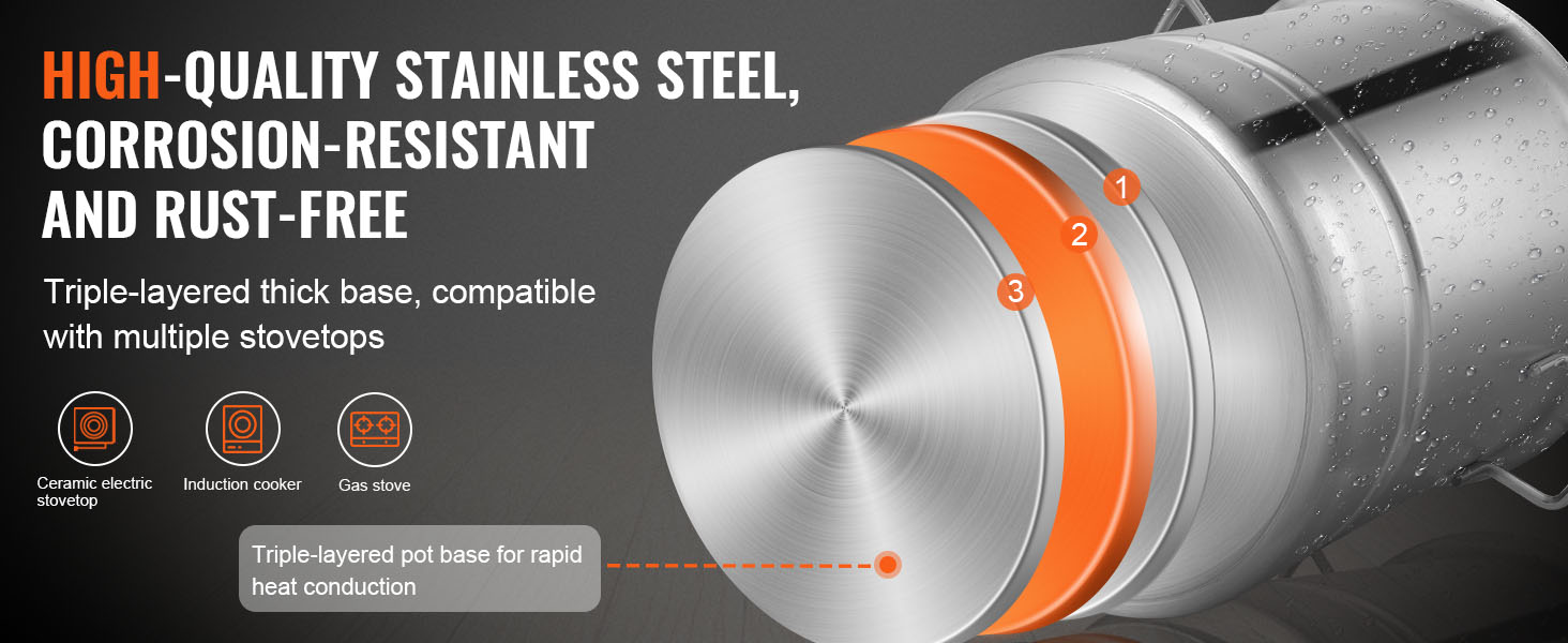 high-quality stainless steel VEVOR brewing kettle with triple-layered base, compatible with multiple stovetops.