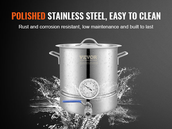 VEVOR brewing kettle with polished stainless steel, built-in thermometer, and water splash background.