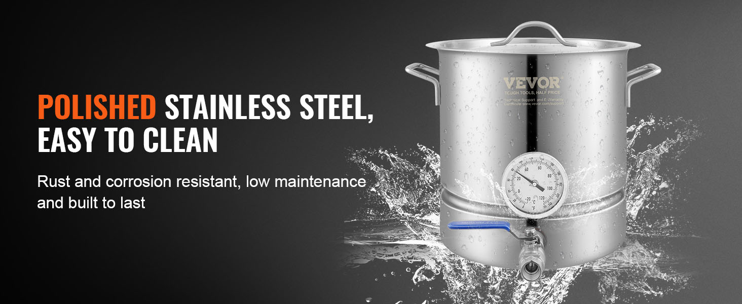 VEVOR brewing kettle with polished stainless steel, built-in thermometer, and water splash background.