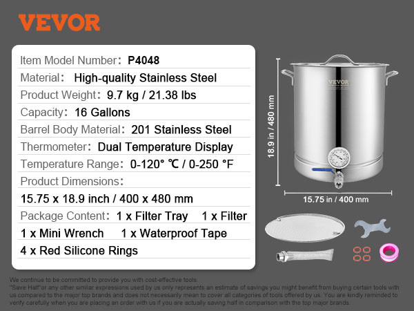 VEVOR brewing kettle, 201 stainless steel, 16 gallons, dual temperature, includes filter tray and accessories.