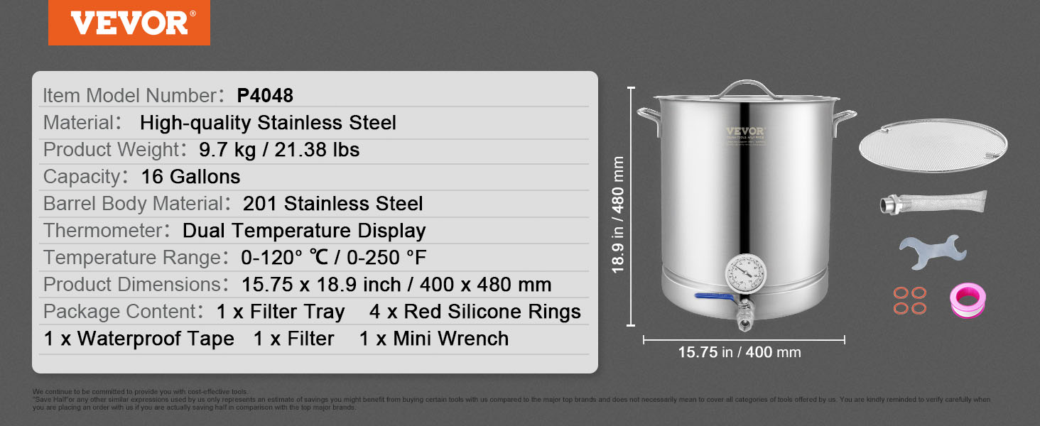 VEVOR brewing kettle, 201 stainless steel, 16 gallons, dual temperature, includes filter tray and accessories.