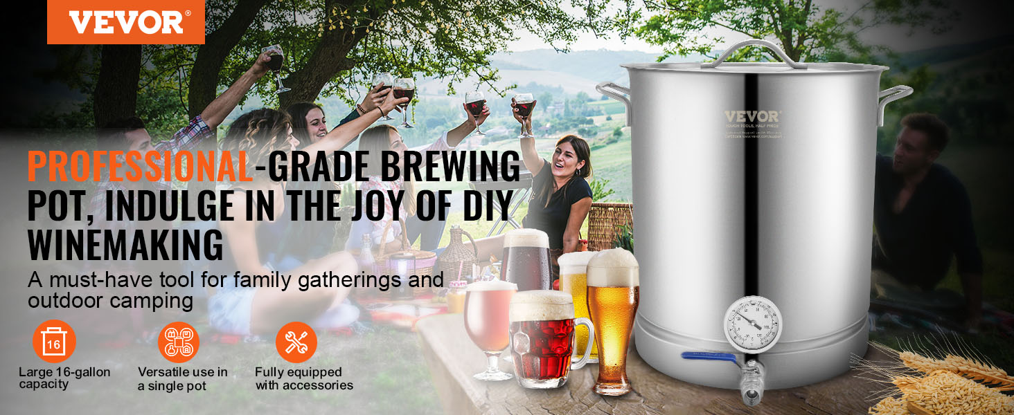 VEVOR brewing kettle in outdoor setting, perfect for family gatherings and diy winemaking.