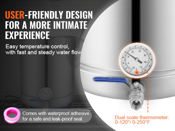 VEVOR brewing kettle with dual scale thermometer, easy temperature control, and leak-proof seal.