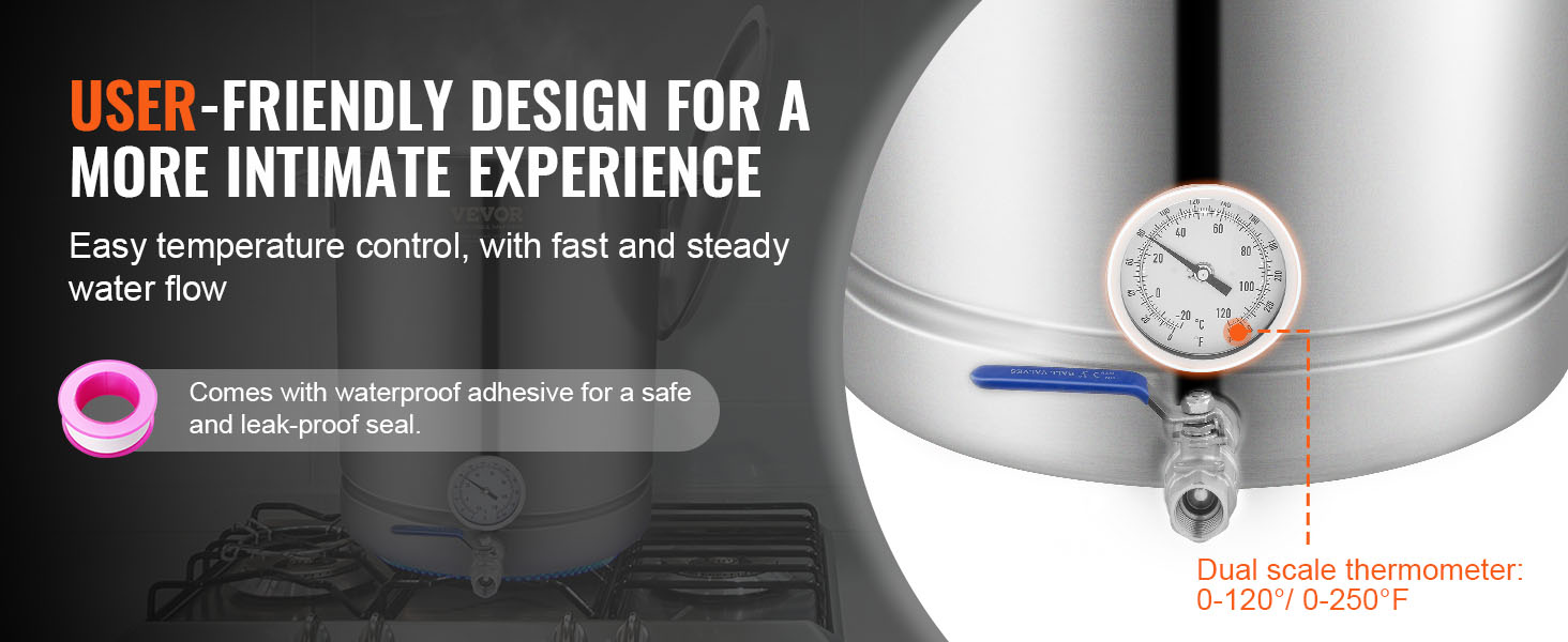 VEVOR brewing kettle with dual scale thermometer, easy temperature control, and leak-proof seal.