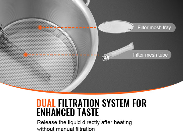 VEVOR brewing kettle dual filtration system with mesh tray and tube for enhanced taste.