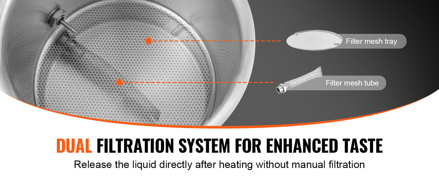 VEVOR brewing kettle dual filtration system with mesh tray and tube for enhanced taste.