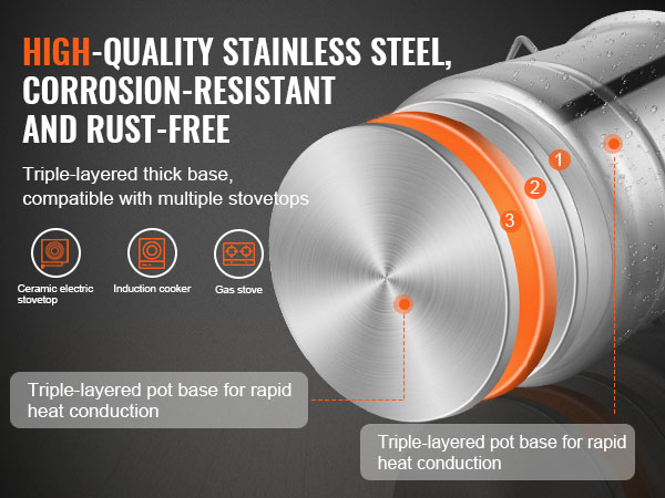 high-quality, corrosion-resistant, rust-free VEVOR brewing kettle, triple-layer base for stovetops.