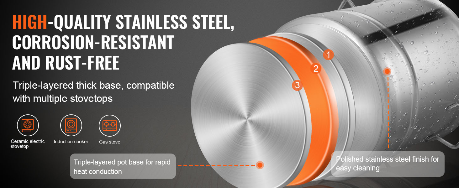 high-quality, corrosion-resistant, rust-free VEVOR brewing kettle, triple-layer base for stovetops.
