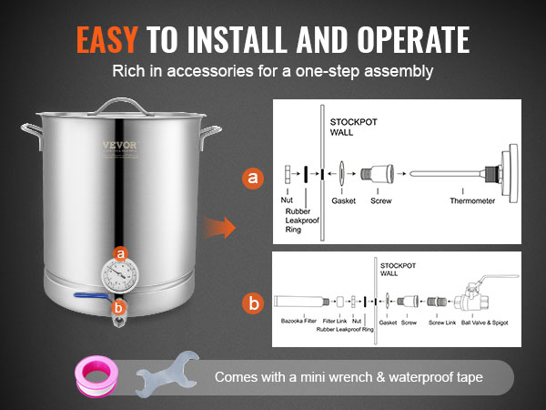 VEVOR brewing kettle with mini wrench, waterproof tape, thermometer, and ball valve for easy assembly.