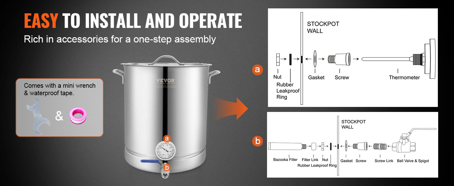 VEVOR brewing kettle with mini wrench, waterproof tape, thermometer, and ball valve for easy assembly.