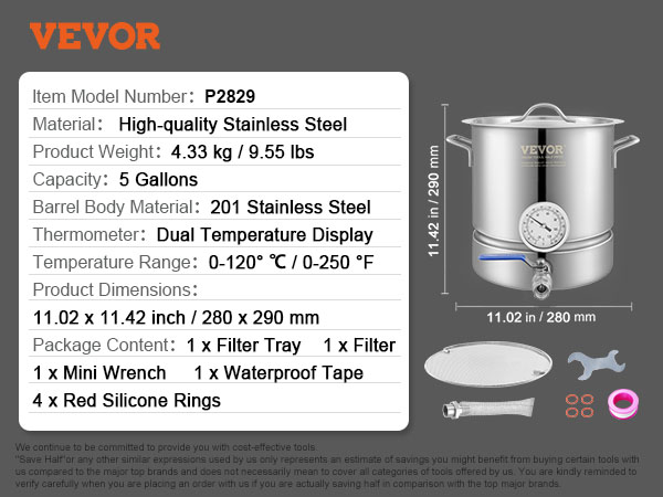 VEVOR brewing kettle p2829, stainless steel, 5 gallons, 0-250°f thermometer, 11x11 inches.