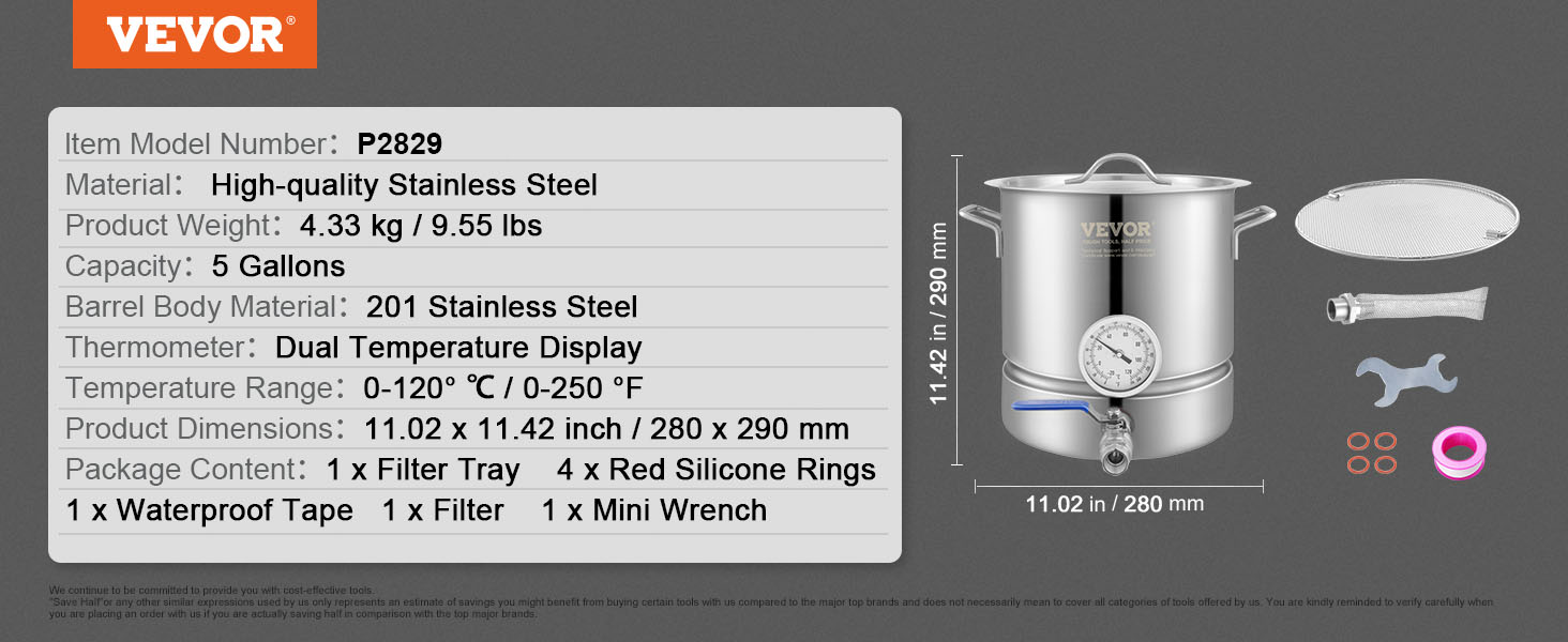 VEVOR brewing kettle p2829, stainless steel, 5 gallons, 0-250°f thermometer, 11x11 inches.