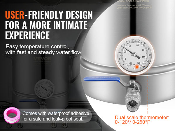 VEVOR brewing kettle with dual scale thermometer, waterproof adhesive, and easy temperature control.