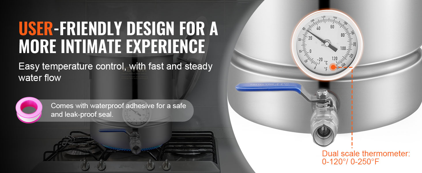 VEVOR brewing kettle with dual scale thermometer, waterproof adhesive, and easy temperature control.