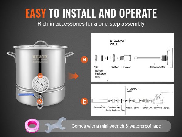 VEVOR brewing kettle with installation instructions and accessories like mini wrench and waterproof tape.