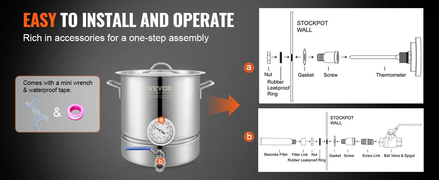 VEVOR brewing kettle with installation instructions and accessories like mini wrench and waterproof tape.