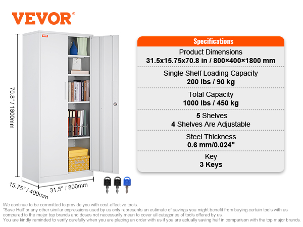 VEVOR metal storage cabinet with 5 shelves, adjustable height, 3 keys, and 1000 lbs capacity specs.