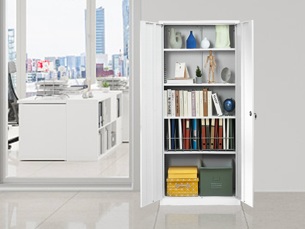 VEVOR metal storage cabinet with office supplies, books, and decor items in a modern office space.