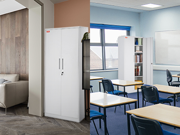 white VEVOR metal storage cabinet in home and classroom settings, showcasing versatility and functionality.