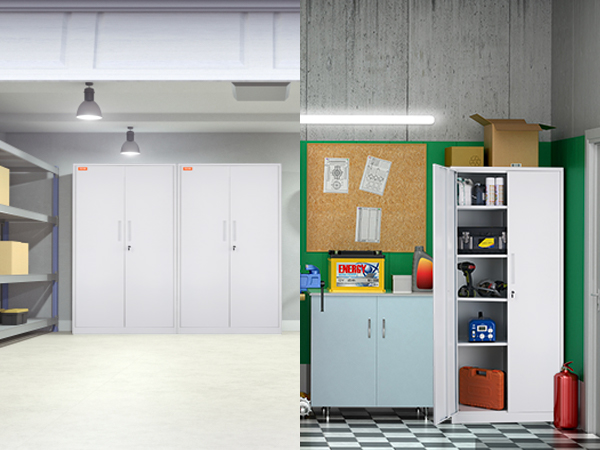 two VEVOR metal storage cabinets in a garage, one open showing tools and supplies, the other closed.