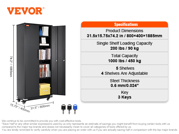VEVOR metal storage cabinet with 5 shelves, 3 keys, and 1000 lbs total capacity, dimensions 31.5x15.75x74.2 in.