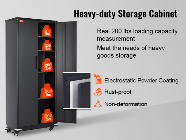 VEVOR metal storage cabinet with 200 lbs capacity per shelf, rust-proof and non-deformable design.