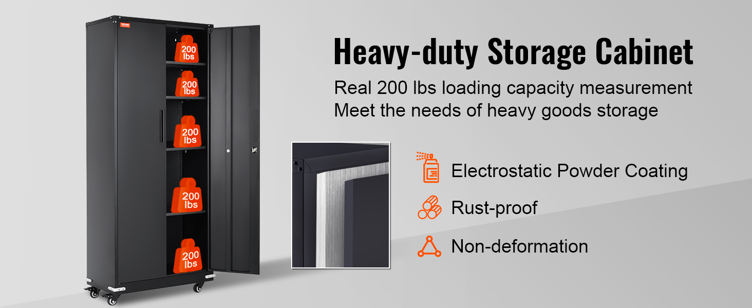VEVOR metal storage cabinet with 200 lbs capacity per shelf, rust-proof and non-deformable design.