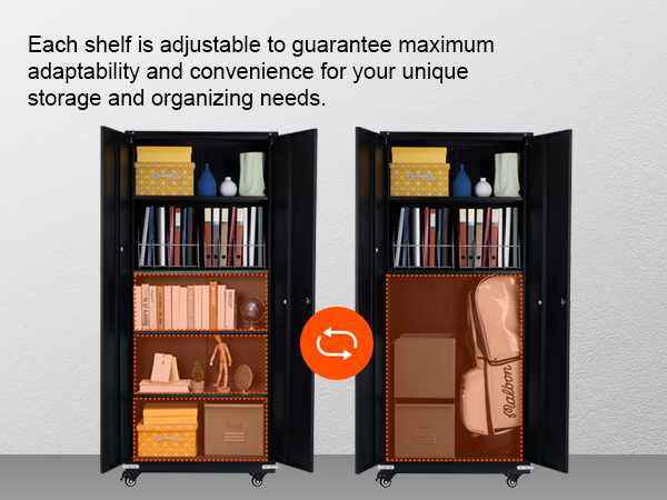 VEVOR metal storage cabinet with adjustable shelves, organized books, objects, and layered storage boxes.