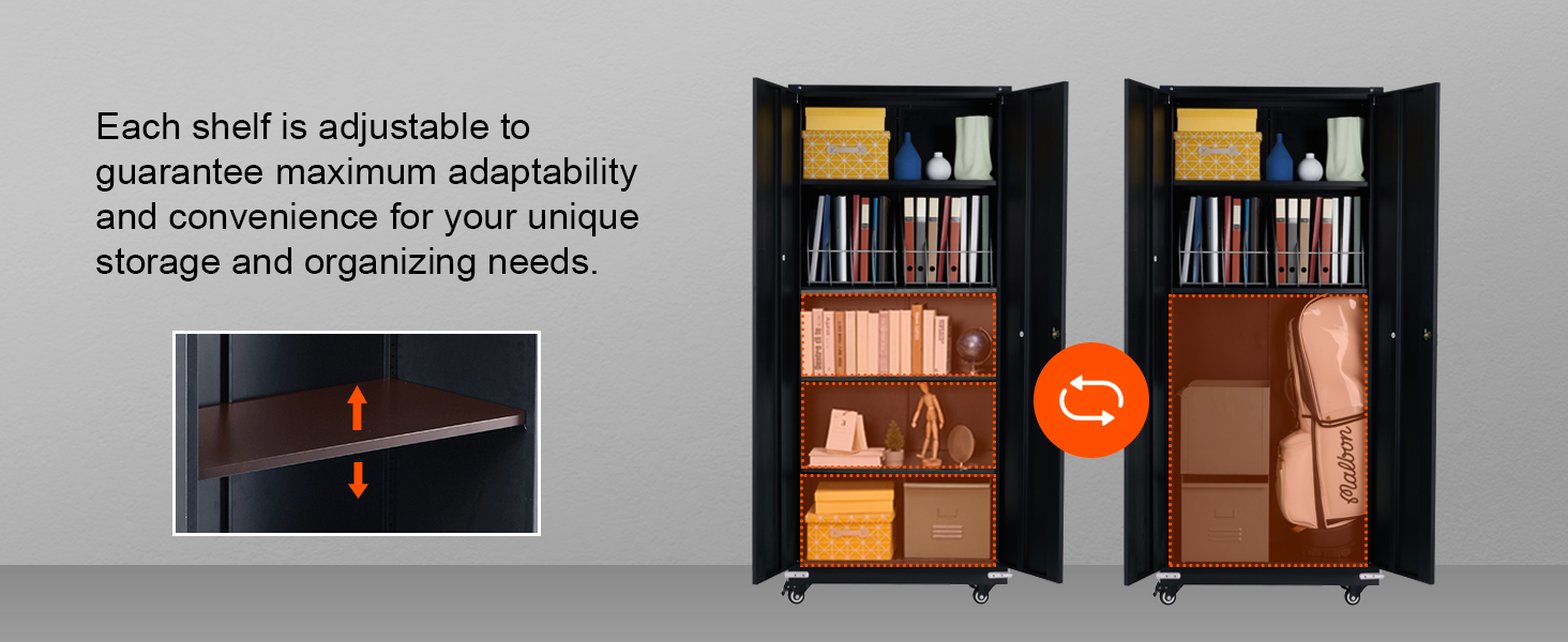 VEVOR metal storage cabinet with adjustable shelves, organized books, objects, and layered storage boxes.