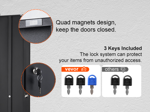 VEVOR metal storage cabinet with quad magnets, lock system, and three included keys for security.