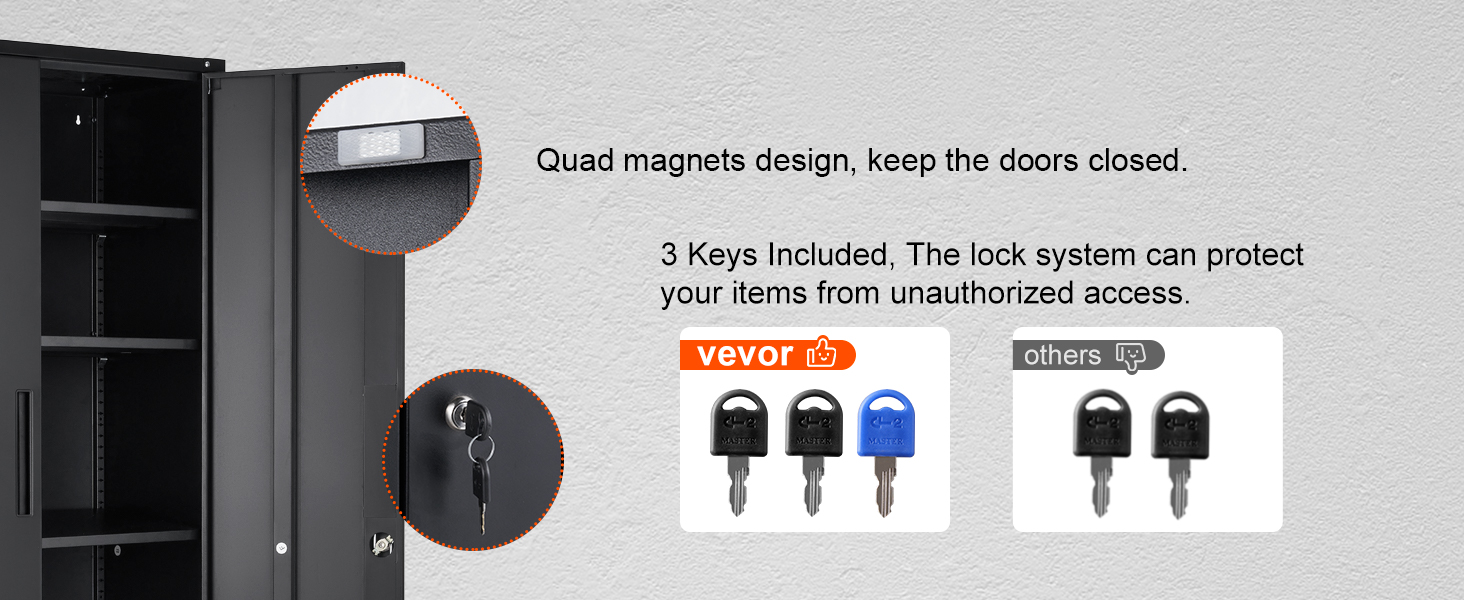 VEVOR metal storage cabinet with quad magnets, lock system, and three included keys for security.