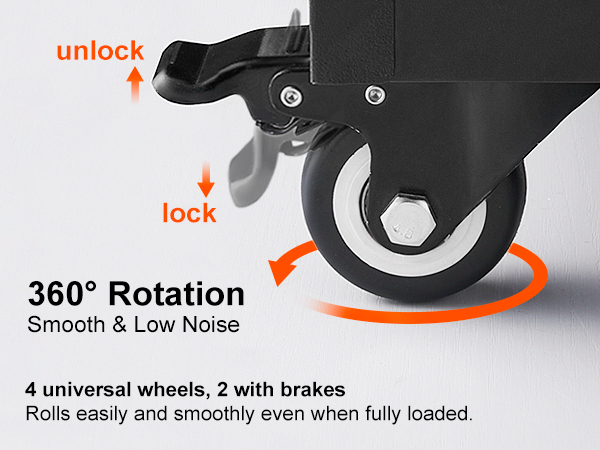 VEVOR metal storage cabinet with smooth, noiseless 360° rotation wheels, two equipped with brakes.