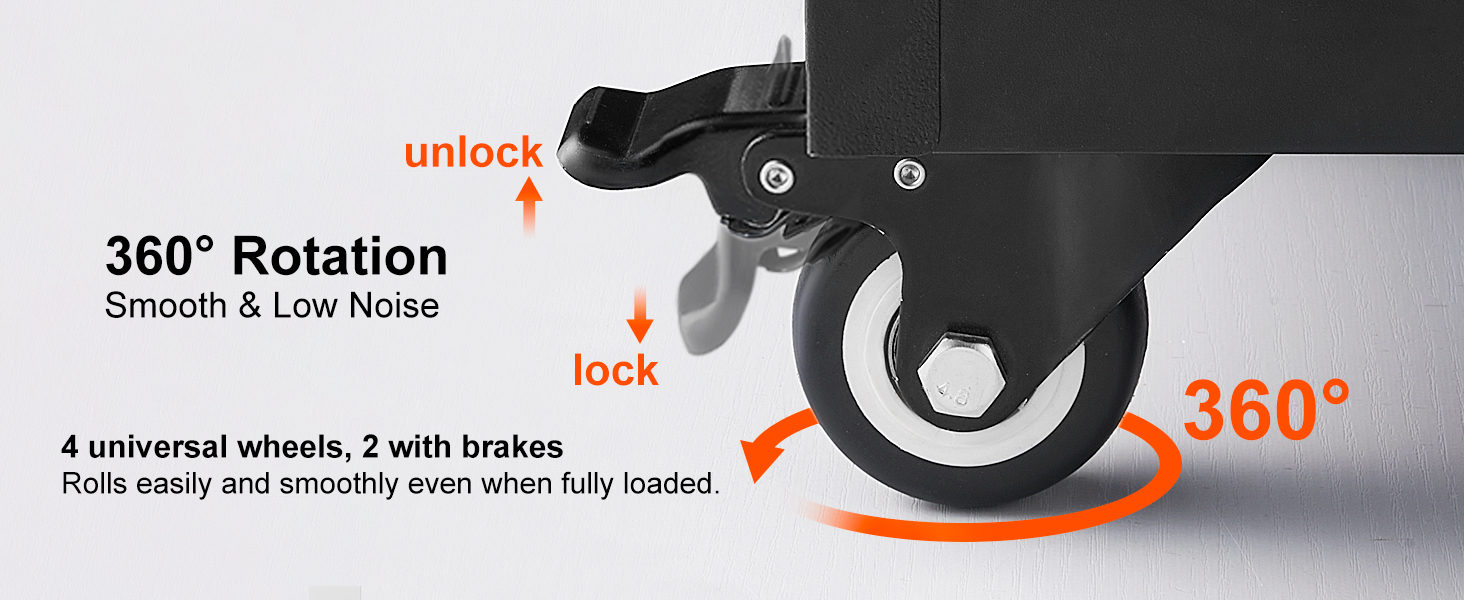 VEVOR metal storage cabinet with smooth, noiseless 360° rotation wheels, two equipped with brakes.