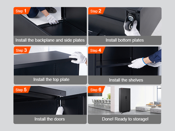 steps to assemble VEVOR metal storage cabinet from installing plates to ready for storage.