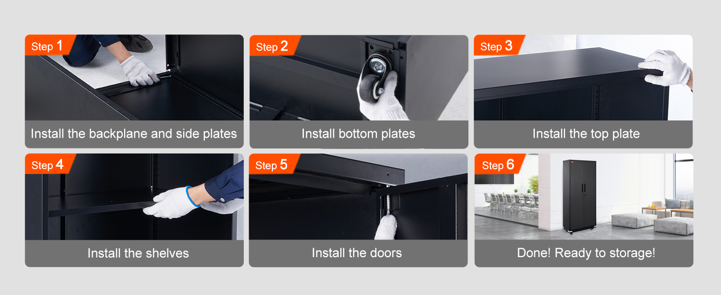 steps to assemble VEVOR metal storage cabinet from installing plates to ready for storage.